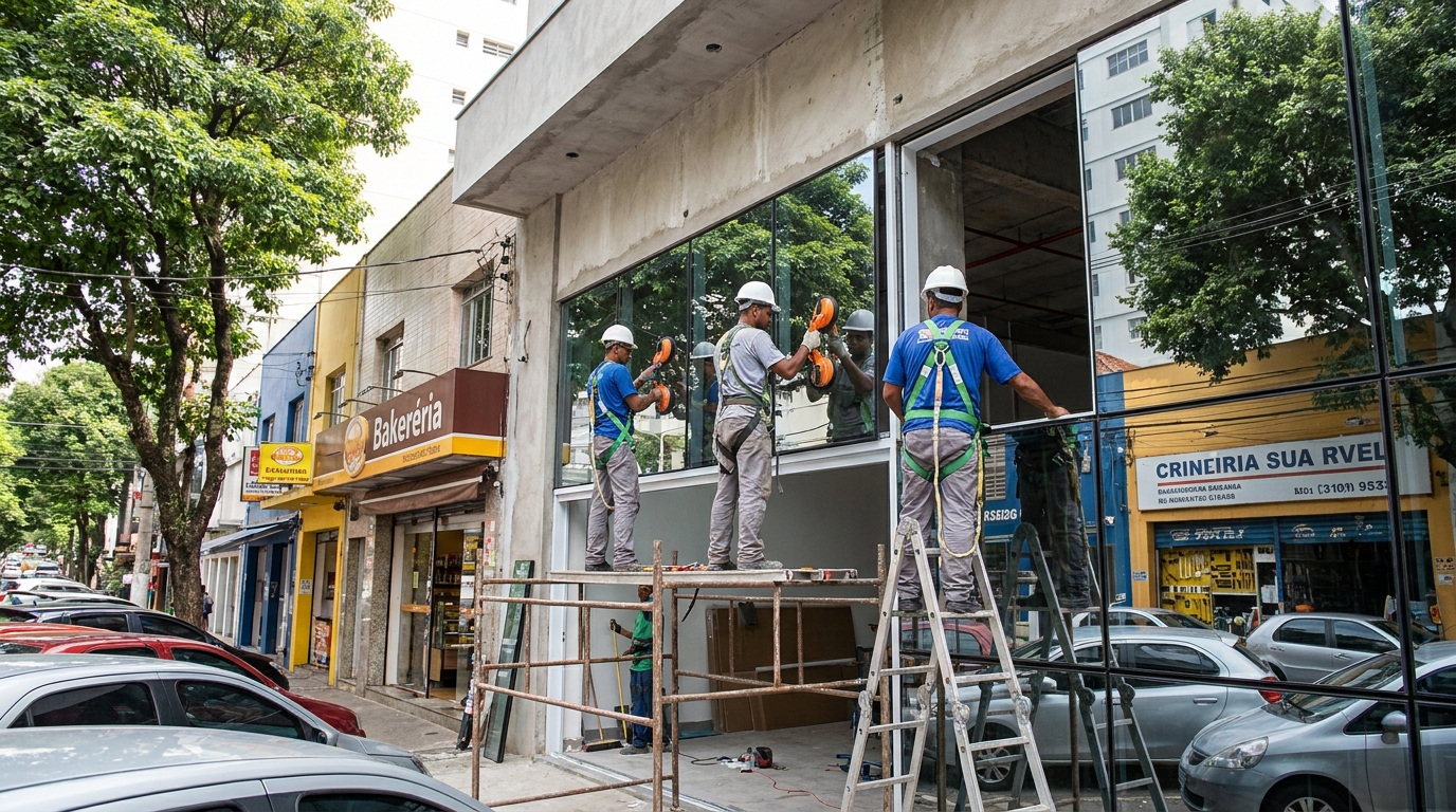 Fachada de vidro com confeitaria vizinha em Vitória da Conquista-BA