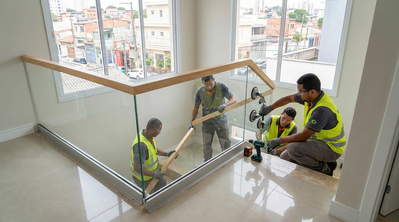 Mezanino interno com guarda-corpo de vidro em Vitória da Conquista-BA