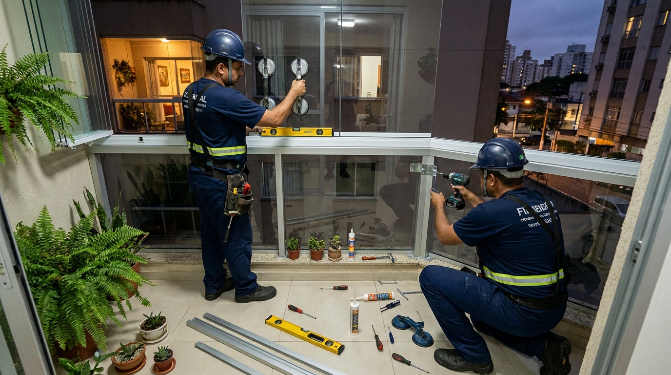 Instalação noturna de parede de vidro em Vitória da Conquista-BA
