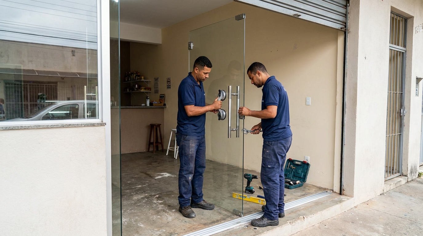 Dupla instalando porta de vidro em loja em Vitória da Conquista-BA
