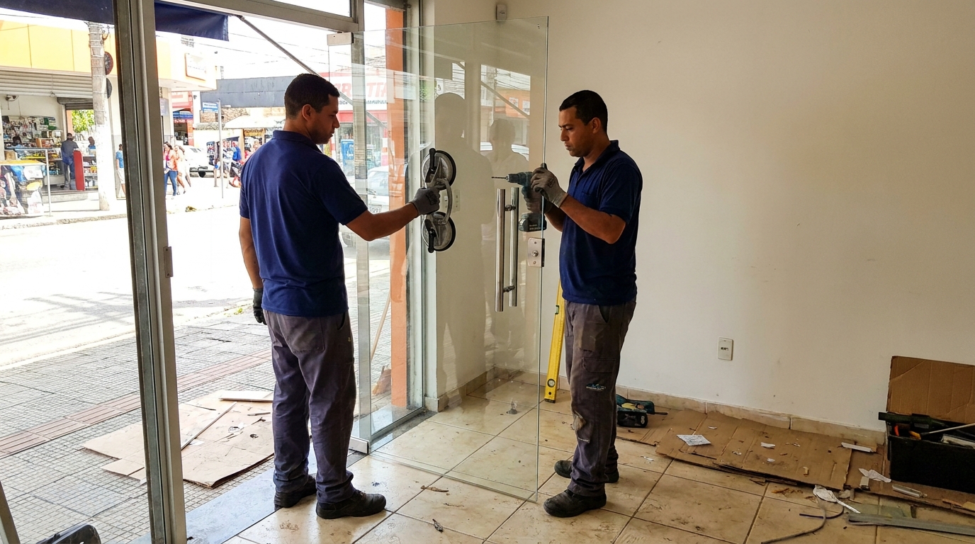 Porta de vidro de loja em rua movimentada em Vitória da Conquista-BA
